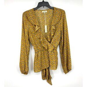 Max Studio Top Yellow Floral Print Faux Wrap Long Sleeve Ruffle